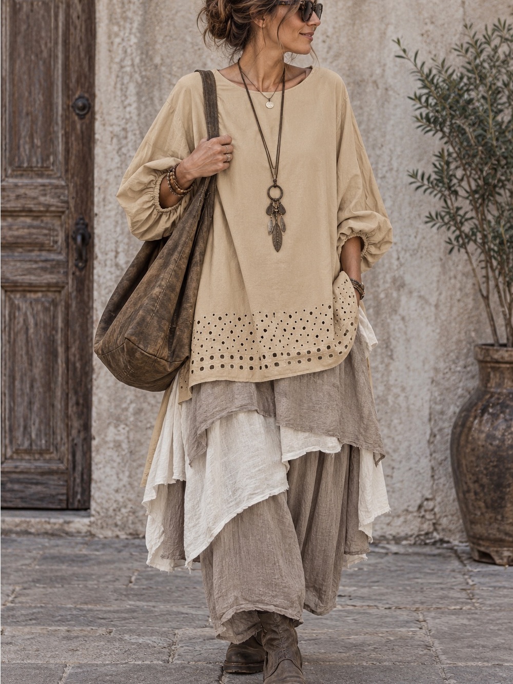 Skills & Genes Eyelet Tunic Dress Women's 10 Tan Boho Chic